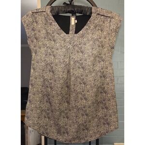 Antilia Femme Blouse V-Neck Cap Sleeve Tunic Top Black White Print Size M